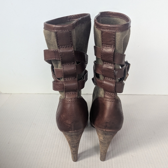 Frye Harlow Multi Strappy Harness BrownbTan Heeled Leather Canvas Boots 10 M - Picture 4 of 12